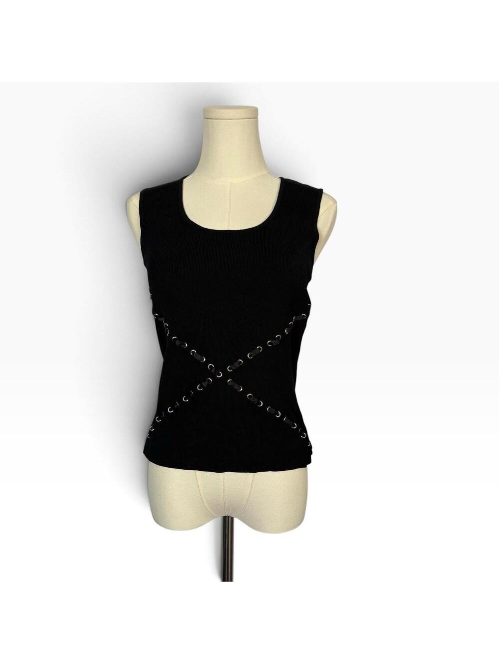 BCBGMAXAZRIA black tank top with silver chain detail across the front